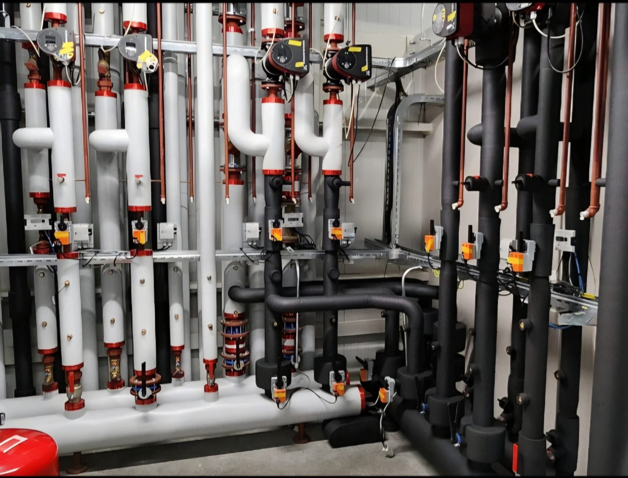 Complex warmtepomp leidingwerk professioneel aangelegd en geïsoleerd